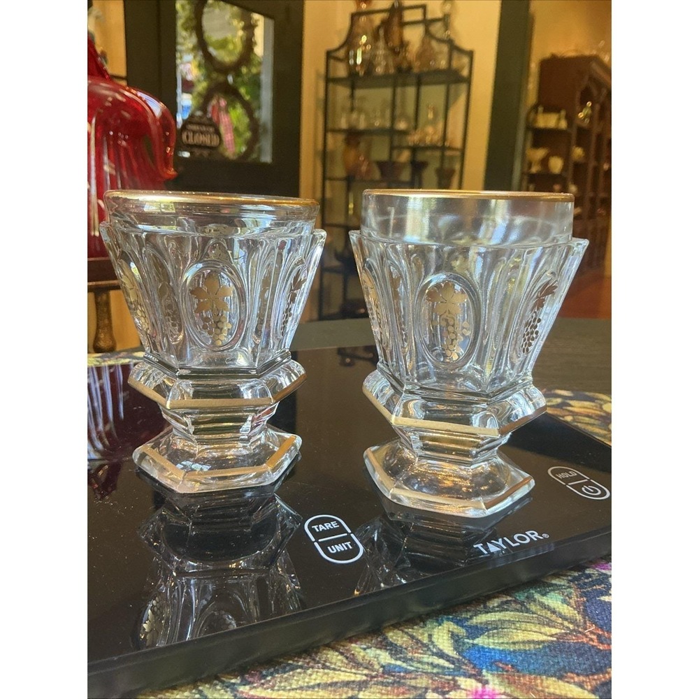 Antique Pair 4" Bohemian Czech‎ Hexagonal Glass Goblets w/Gilded Grape & Vine